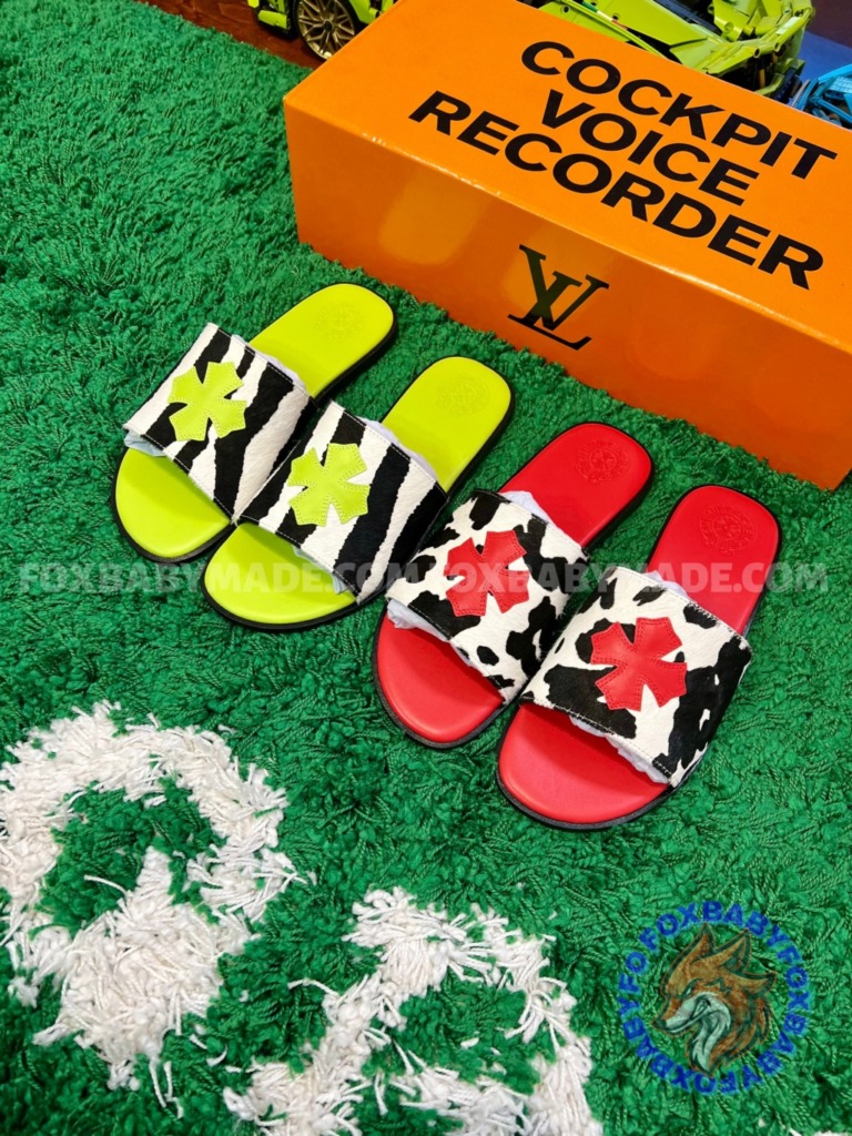CH London Limited Slides: Green Zebra & Red Cow Horsehair Cross Patch Flats