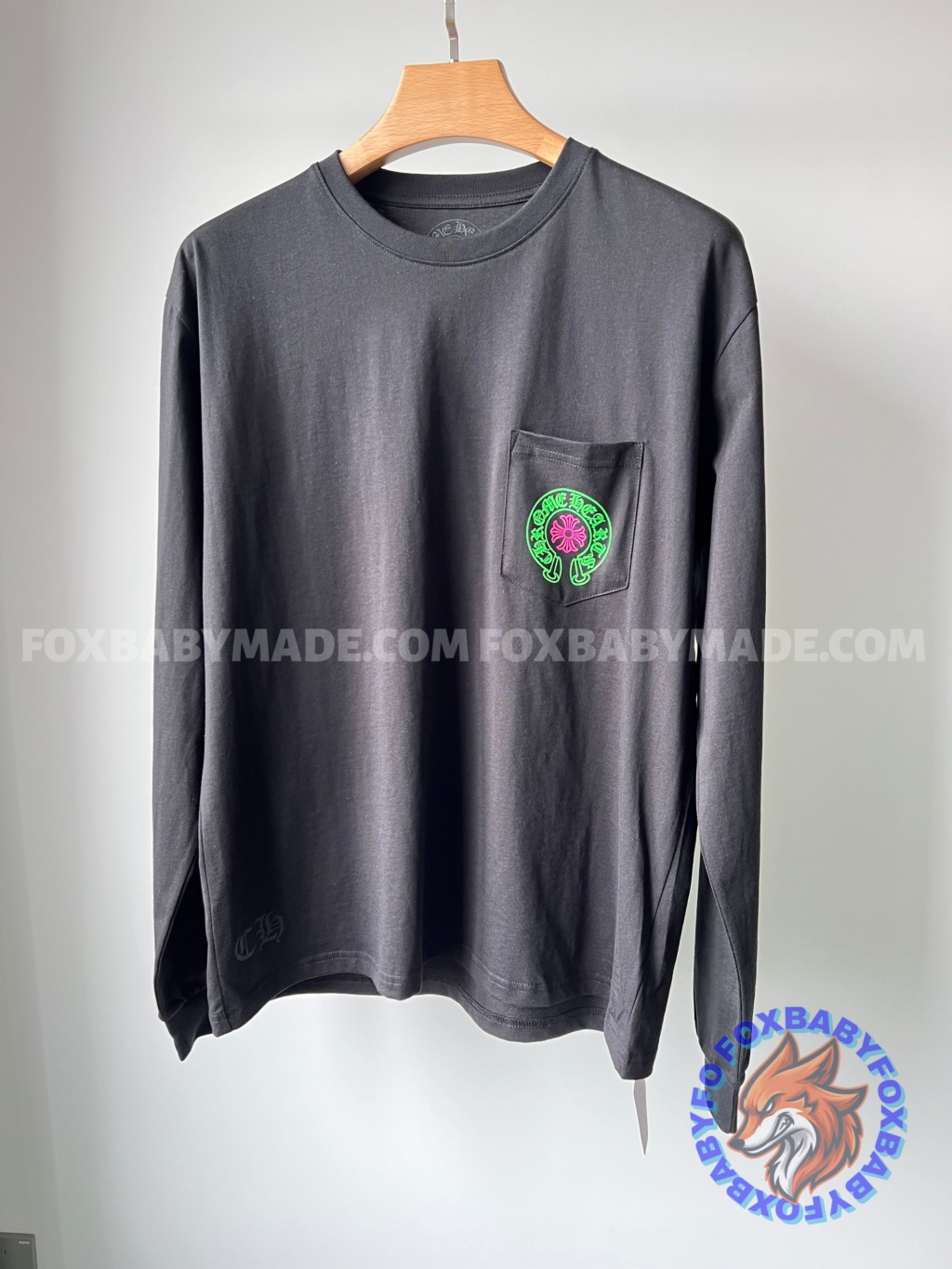 Ch STAFF Fluorescent Green Long Sleeve T-Shirt with Pink Cross Pocket Print